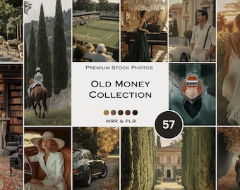 May include: A collage of images showcasing a luxurious lifestyle. The images include a tennis court, a grand piano, a boat on a lake, a woman in a green dress, a man in a white shirt, a woman in a white dress, a library, a horse, a car, and a house. The text "Old Money Collection" is displayed in the center of the collage.