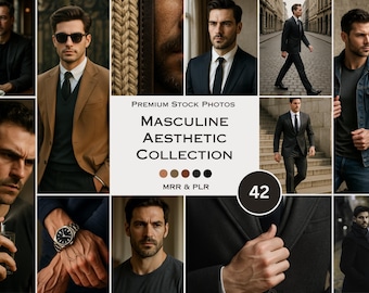 May include: A collage of images featuring men in various outfits, including suits, jackets, and casual wear. The images are in a masculine aesthetic style, with a color palette of browns, blacks, and neutrals. Text on the image reads "Masculine Aesthetic Collection".