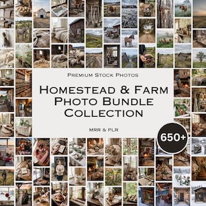 May include: A collection of premium stock photos showcasing homestead and farm life. The images include rustic interiors, farm animals, landscapes, and food arrangements. The collection is labeled "Homestead & Farm Photo Bundle Collection" with "650+" images.