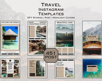 Travel Instagram Templates Canva Stories Posts and Highlight Covers for Agent Blogger Trip Vacation Social Media Kit
