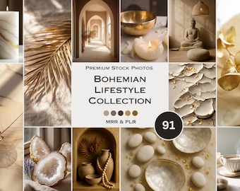 Fotos de stock de estilo de vida bohemio Zen Espiritual Blanco Oro Estética Fotos Marketing sin rostro PLR Mrr Portada de carrete