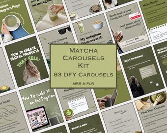 May include: A collection of Instagram carousel templates with a matcha theme. The kit includes 83 ready-to-use carousels, with the text "Matcha Carousels Kit" and "83 DFY Carousels" visible. The overall color scheme is green and white.