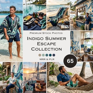 Può includere: Un collage di immagini con il tema "Indigo Summer Escape Collection". Le immagini mostrano abbigliamento estivo da uomo, scene di spiaggia e decorazioni costiere. La tavolozza dei colori include sfumature di blu, verde e bianco, evocando un'atmosfera estiva rilassata. Il testo "Indigo Summer Escape Collection" è visibile.