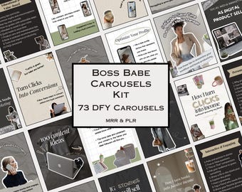 May include: A digital marketing kit titled "Boss Babe Carousels Kit" with 73 pre-made carousels. The image features various social media marketing tips and graphics, including advice on optimizing profiles and turning clicks into income.