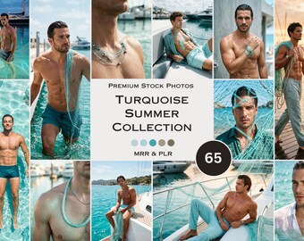 Turquoise Summer Stock Photos Beach Summer Ocean Men Editorial Aesthetic Photos Faceless Marketing PLR MRR Reel Cover