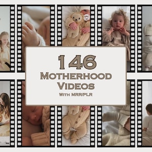 Può includere: Un collage di immagini che ritraggono la maternità, con una madre e un figlio in diverse scene. Il testo "146 Motherhood Videos with MRR/PLR" è visualizzato al centro del collage.