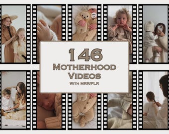 May include: A collage of images depicting motherhood, featuring a mother and child in various scenes. The text "146 Motherhood Videos with MRR/PLR" is displayed in the center of the collage.