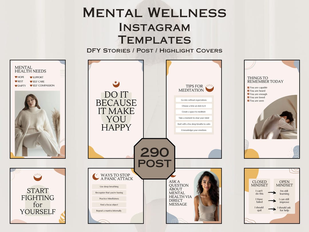 Mental Wellness Instagram Templates Canva Stories Posts and Highlight ...