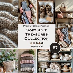 Puede incluir: Un collage de imágenes con artículos de punto suave, incluyendo suéteres, calcetines y gorros. Las imágenes están dispuestas en una cuadrícula y presentan una variedad de colores y texturas. El texto "Soft Knit Treasures Collection" se muestra en el centro del collage.