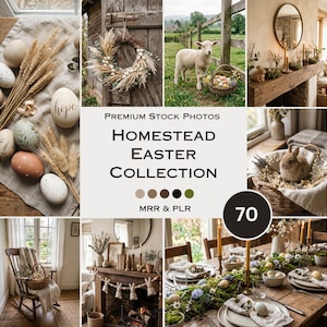 May include: A collage of images featuring Easter and homestead themes. Includes decorated eggs, a lamb with a basket of eggs, a wreath, a table setting, and a chicken with chicks. The text "Homestead Easter Collection" is visible.