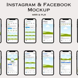 Peut inclure: Maquette de publications Instagram et Facebook avec une scène de paysage comprenant une colline verte, un ciel bleu et des nuages blancs. Les publications comprennent du texte, des images et des icônes.