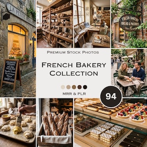 May include: A selection of images depicting a French bakery. The scenes include a shop exterior, interior with bread shelves, pastries in a display case, and people dining. The text "French Bakery Collection" is visible.