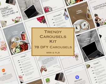 May include: A collection of digital product templates, including Canva carousels, with the text "Trendy Carousels Kit" and "78 DFY Carousels." The image features various layouts with text and graphics, including laptops, food, and floral arrangements.