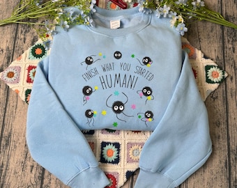 Soot Sprites Finish What You Started Human! Embroidered Sweatshirt, Spirited Away Embroidered Hoodie, Ghibli Aesthetic Graphic Unisex Shirt