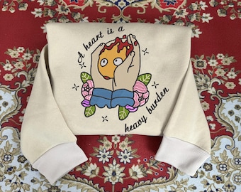 A Heart is a Heavy Burden Embroidered Sweatshirt, Howls Moving Castle Embroidered Hoodie, Ghibli Aesthetic Graphic Unisex Shirt, Anime Gift