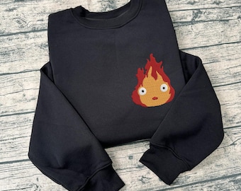Calcifer Howls Moving Castle Embroidered Sweatshirt, Magical Castle Embroidered Hoodie, Fantasy Anime, Ghibli Aesthetic Graphic Unisex Shirt