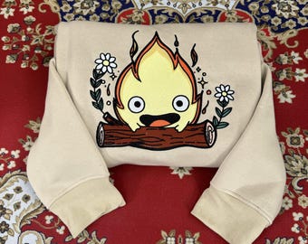 Calcifer Howls Moving Castle Embroidered Sweatshirt, Magical Castle Embroidered Hoodie, Fantasy Anime, Ghibli Aesthetic Graphic Unisex Shirt