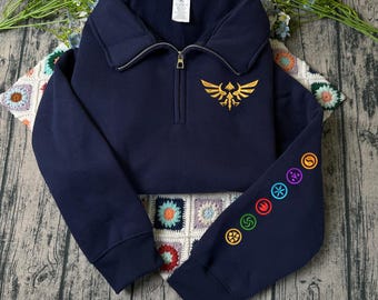 The Legend of Zelda: Triforce Hylian Crest Embroidered Sweatshirt And Hoodie, Tears of the Kingdom Embroidered Quarter Zip, Gift For Gamer