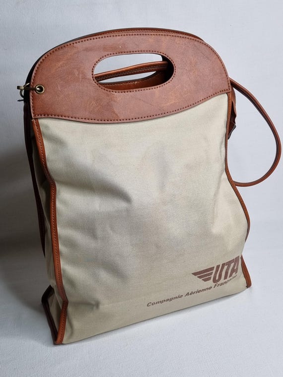 Sac vintage UTA Compagnie Aérienne Française – Grand sac de voyage toile et simili cuir – Collector rétro avion
