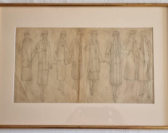 Oryginalny rysunek mody w stylu art déco, oprawiony, 52 × 36 cm, osiem sylwetek kobiecych ołówkiem, Francja, ok. 1925–1935