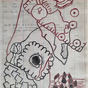 以下が含まれることがあります： 方眼紙の背景に黒と赤のインクで描かれた抽象的なアートの図面。図面には、黒い中心と赤い輪郭を持つ大きなスタイリッシュな花が描かれています。また、図面には、より小さなスタイリッシュな花やその他の抽象的な形がいくつか描かれています。