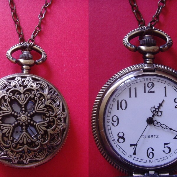 vintages style bronze tone filigree snowflakes old times pendant pocket watch chain necklace with gift box