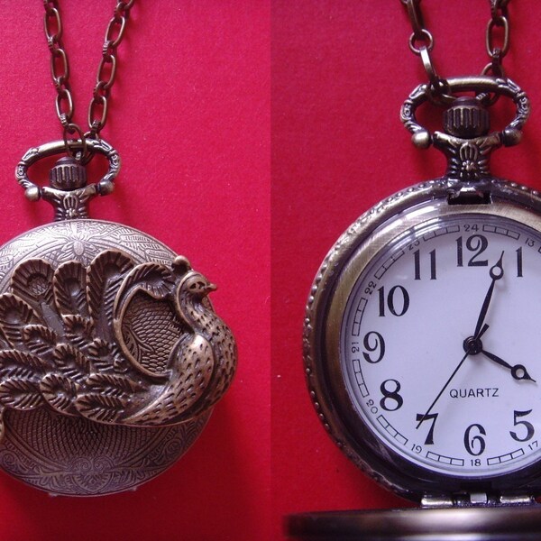 gorgeous vintage style bronze peacock pendant old times pocket watch necklace