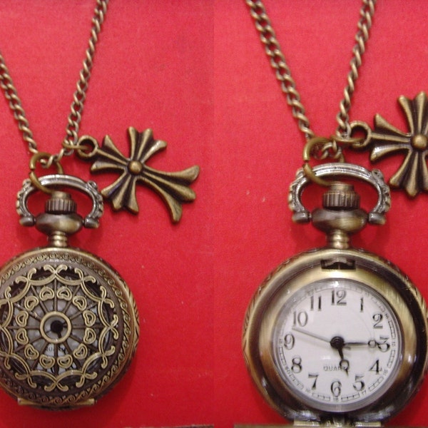 bronze plate vintage style cross charm filigree locket pocket watch pendant 24 inches chain necklace