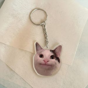 Może przedstawiać: Przezroczysty akrylowy brelok do kluczy z wizerunkiem kota o charakterystycznym wyrazie twarzy. Kot ma białe futro z czarnymi znaczeniami i różowym nosem. Brelok zawiera srebrny łańcuszek i kółko.