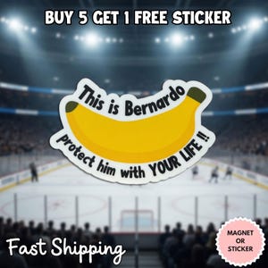 May include: A sticker featuring a yellow banana with the text "This is Bernardo, protect him with YOUR LIFE!!" The sticker is white with black text and a black outline. The background shows an ice hockey rink.