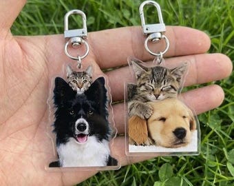 Personalized Cat Keychain, Pet Portrait Keychain, Custom Pet Photo Keychain, Cat Memorial Gift, Holiday Gift for Pet Lovers, Dog Keychain