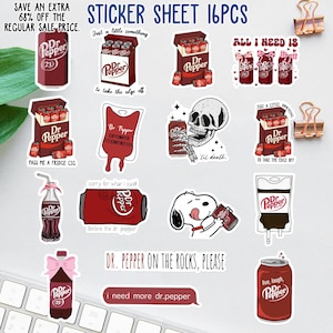 May include: A sheet of 16 Dr. Pepper-themed stickers. Designs include soda cans, boxes of soda, a skull, a Snoopy cartoon, and phrases like "All I need is" and "Dr. Pepper on the rocks, please."