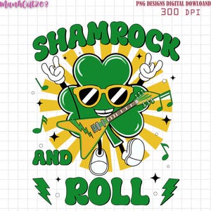 シャムロック アンド ロール PNG 面白い聖パトリックの日の漫画デザイン サングラスをかけた踊るクローバー、音楽をテーマにしたアイルランドのユーモア アート ホリデー クラフト用