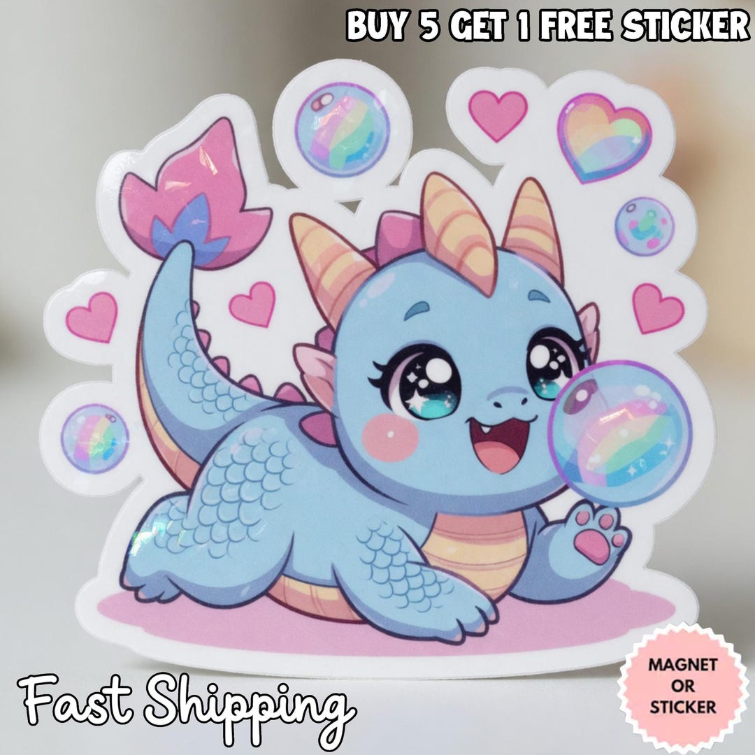 Cute Baby Dragon Sticker Magnet, Kawaii Fantasy Dragon Decal, Pastel ...