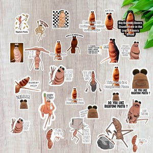 May include: A collection of various stickers featuring cartoonish, anthropomorphic pasta characters in different poses and with humorous text. The stickers are in shades of brown, beige, and tan, with some text in black. Phrases include "Rigatoni Pasta" and "Do you like Rigatoni Pasta?"