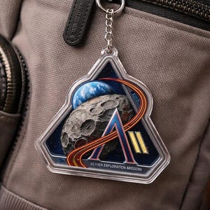 May include: Clear acrylic keychain with a space-themed design. The keychain features a blue planet, a gray asteroid, and a stylized letter "A" with the text "AETHER EXPLORATION MISSION" in white. Attached to a gray backpack.