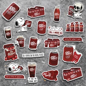 May include: A collection of Dr. Pepper stickers in various shapes and sizes. Includes cans, bottles, and Snoopy illustrations. Some stickers feature text like "All I need is!" and "Dr. Pepper on the rocks, please."