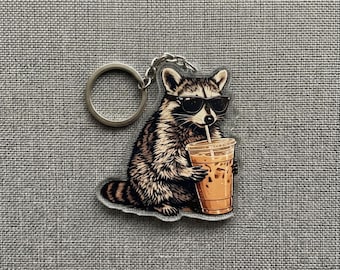 Cool Raccoon Coffee Keychain, Funny Trash Panda Acrylic Keyring, Iced Coffee Lover Bag Charm, Cute Animal Keychain Gift