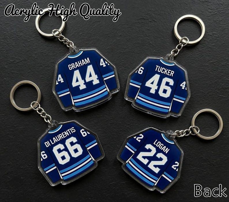 May include: Four acrylic hockey jersey keyrings. Each keyring is a blue jersey with white and light blue stripes, featuring a player's name and number. The text "Acrylic High Quality" is at the top.