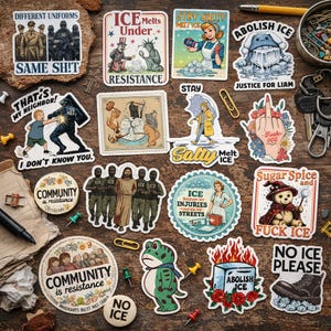 以下が含まれることがあります： さまざまなデザインとテキストのステッカーのコレクション。テーマには、"Abolish Ice"、"Community is Resistance"、"Ice Melts Under Resistance"などのフレーズを含む社会的な解説が含まれます。その他のステッカーには、カエル、クマ、手のイラストが描かれています。