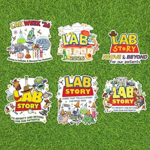 May include: A set of vibrant stickers with a laboratory theme. Each sticker displays the words "LAB STORY" or "LAB WEEK '26" alongside illustrations of lab equipment, including beakers and microscopes. The stickers also feature the text "Going to Infinity & Beyond for Patients".