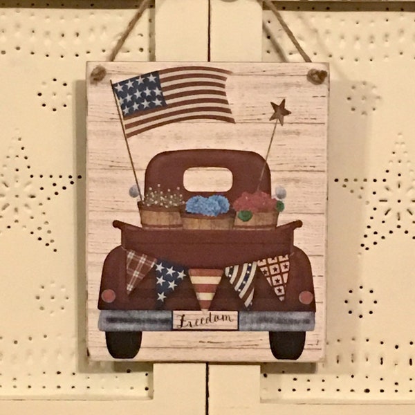 Americana Decor,Patriotic Sign,Red Truck,Rustic 4th Of July Sign,Independence Day Sign,Summer Decor,Primitive Americana Decor