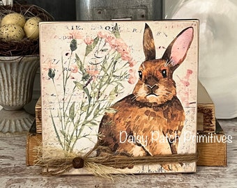 Vintage Rabbit With Pink Flowers ~ Primitive Rabbit Sign ~ Rustic Rabbit ~ Spring Bunny