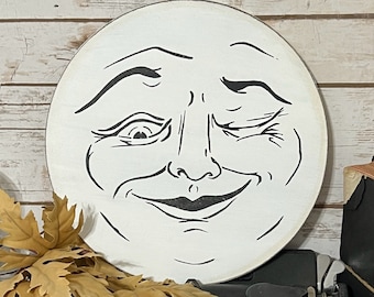 Rustic Moon Face Sign: Hand-Painted Halloween Decor