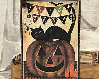 Primitive Halloween Trick Or Treat Sign ~ Halloween Sign ~ Pumpkin Sign ~ Primitive Halloween Sign