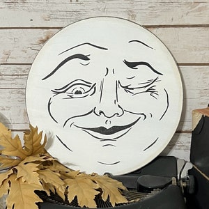 Moon Face Sign, Winking Moon Face Sign, Halloween Decor, Fall Decor, Vintage Halloween Sign, Rustic Moon Face Sign