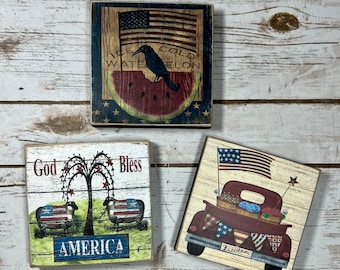 Set Of 3 Americana Tiered Tray Signs ~ Americana Decor ~ Rustic Americana Decor ~ Shelf Sitter Signs