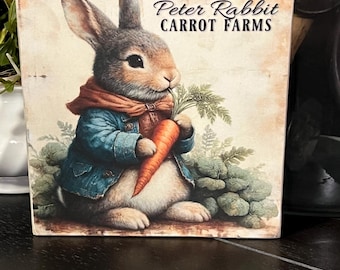 Primitive Peter Rabbit Carrot Farms Wood Sign, Spring Tiered Tray Decor, Rustic Farmhouse Bunny Sign, Easter Bunny Shelf Sitter