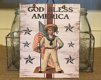 God Bless America,Primitive Americana Decor,Americana Sign,Patriotic Sign,Fourth Of July Decor,Indepence Day Decor,Ameriana Folk Art