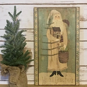 Primitive Santa Sign,Santa Holding Log Cabin Sign,Primitive Santa Plaque,Primitive Christmas Decor,Folk Art Santa,Primitive Santa